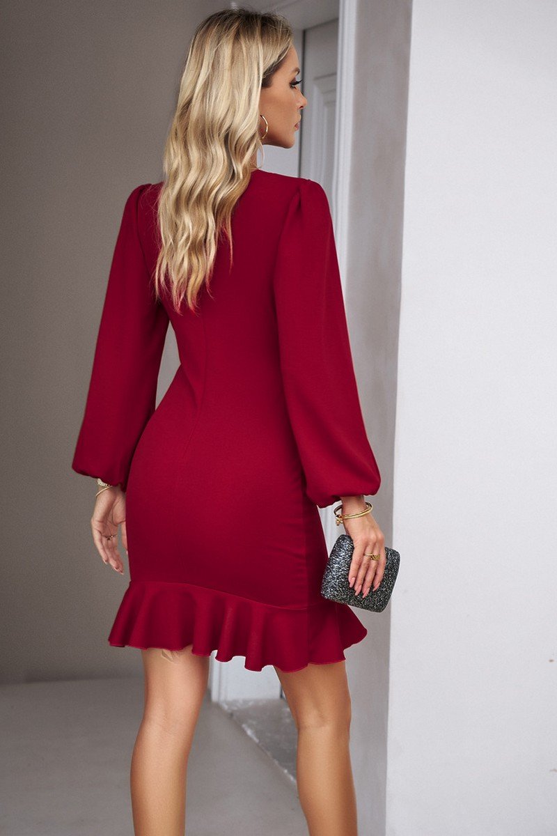 WOMEN LONG SLEEVE CREW NECK SHORT WRAP DRESS