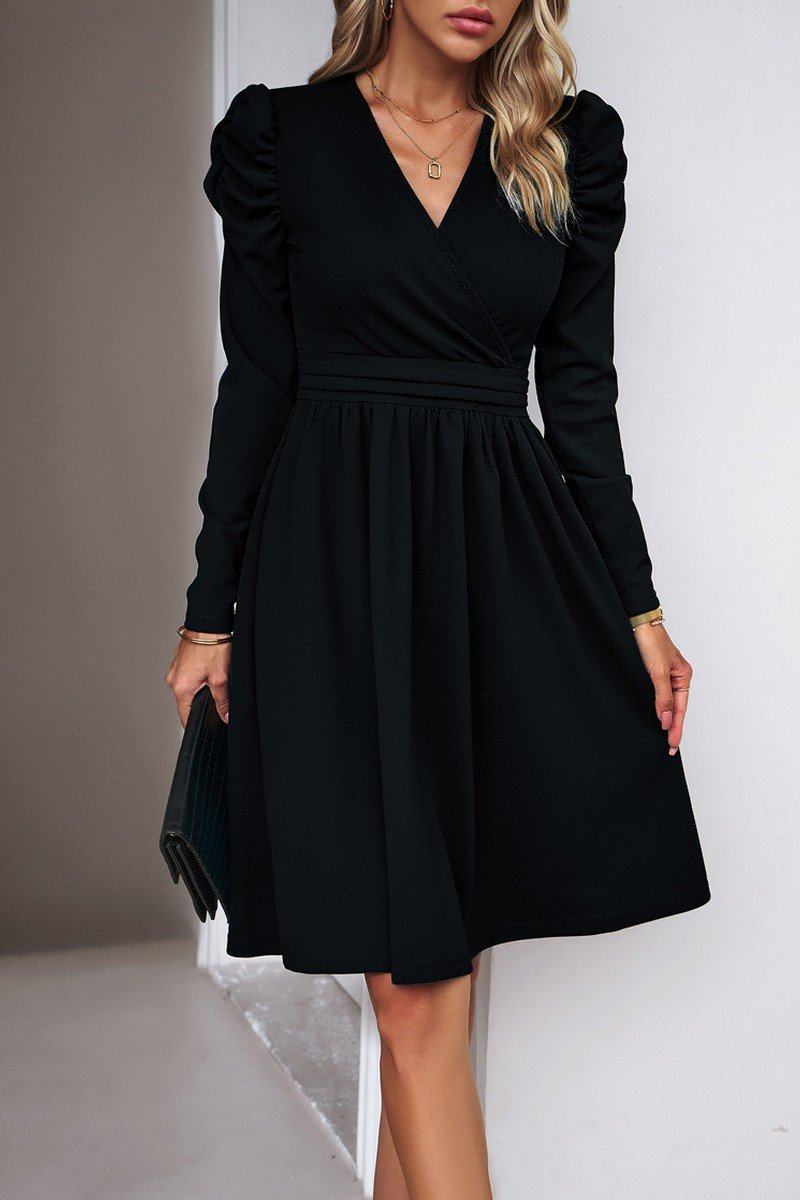 WOMEN PUFF SLEEVE V NECK WARP STYLE SWING DRESS