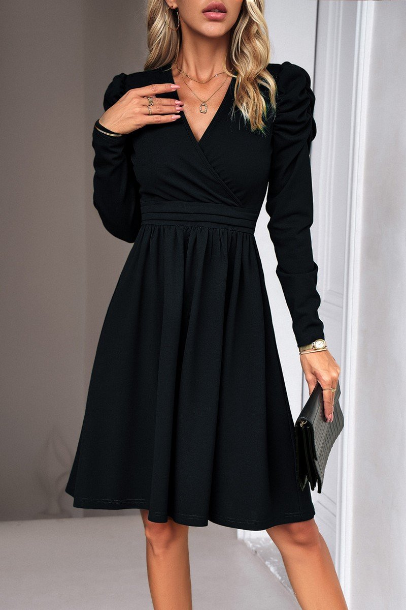 WOMEN PUFF SLEEVE V NECK WARP STYLE SWING DRESS