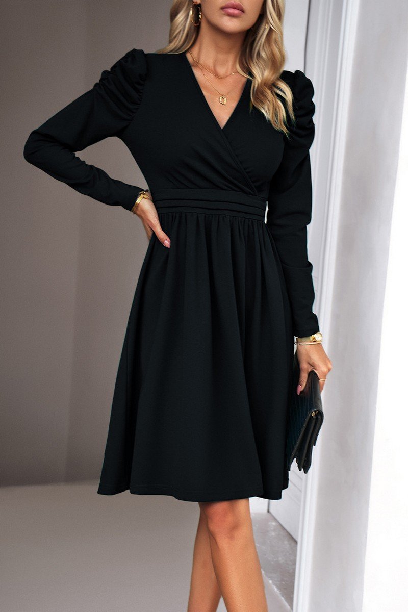 WOMEN PUFF SLEEVE V NECK WARP STYLE SWING DRESS