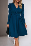 WOMEN PUFF SLEEVE V NECK WARP STYLE SWING DRESS