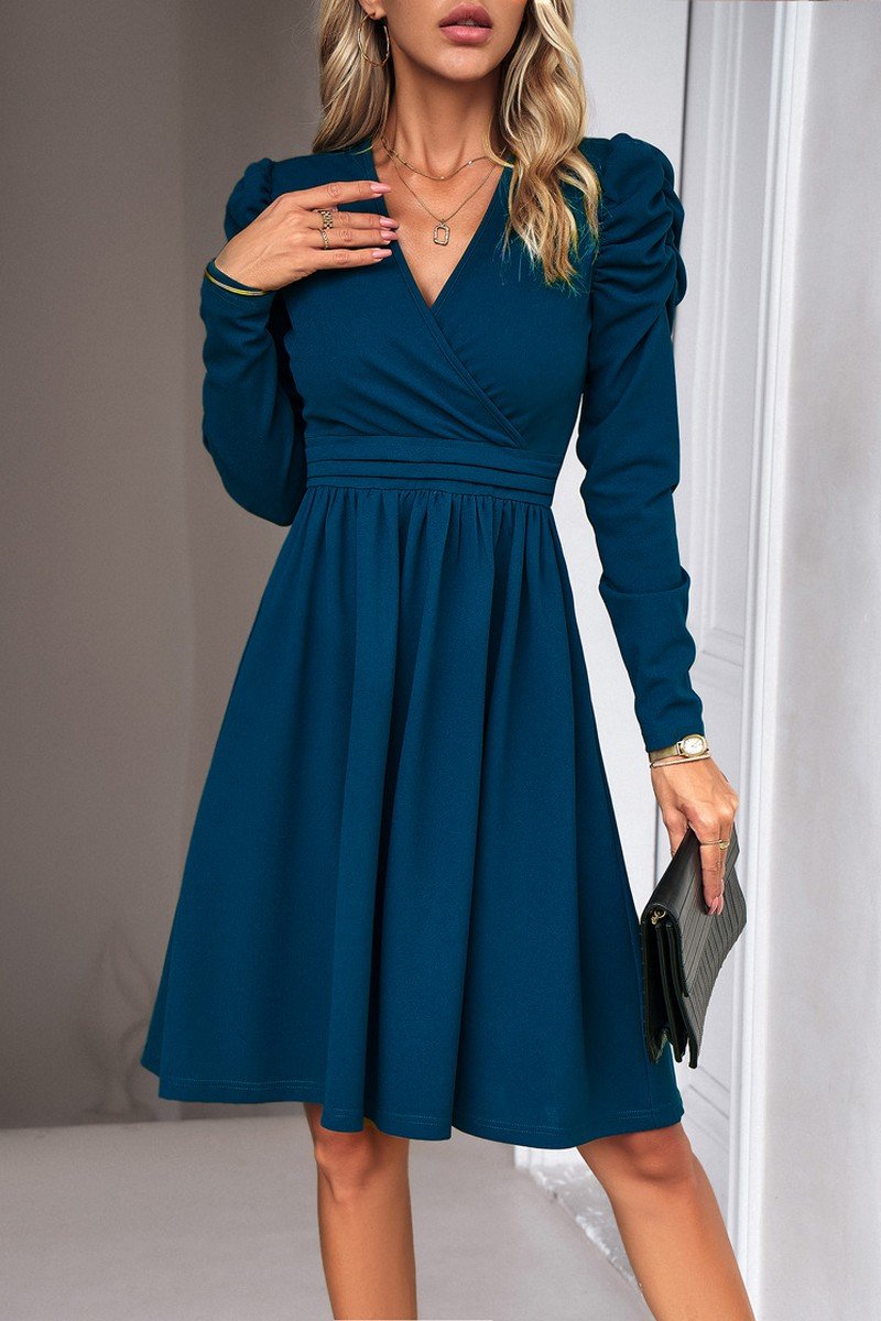 WOMEN PUFF SLEEVE V NECK WARP STYLE SWING DRESS