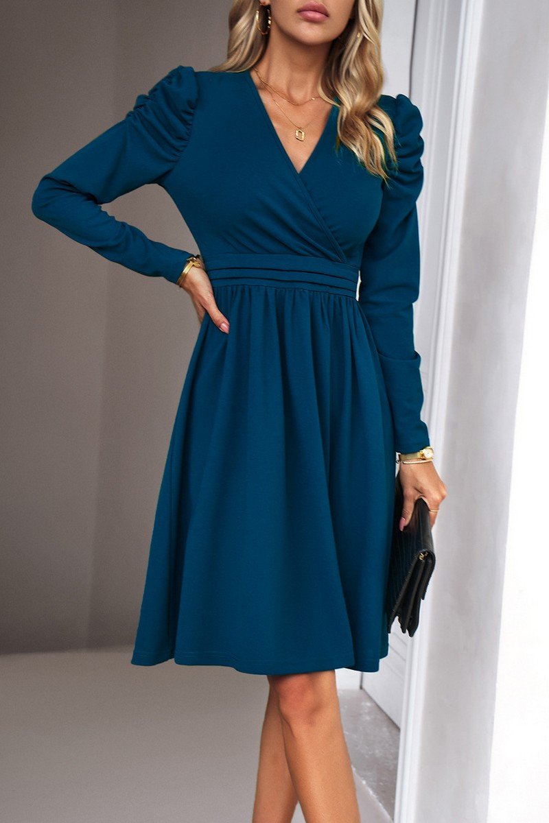 WOMEN PUFF SLEEVE V NECK WARP STYLE SWING DRESS