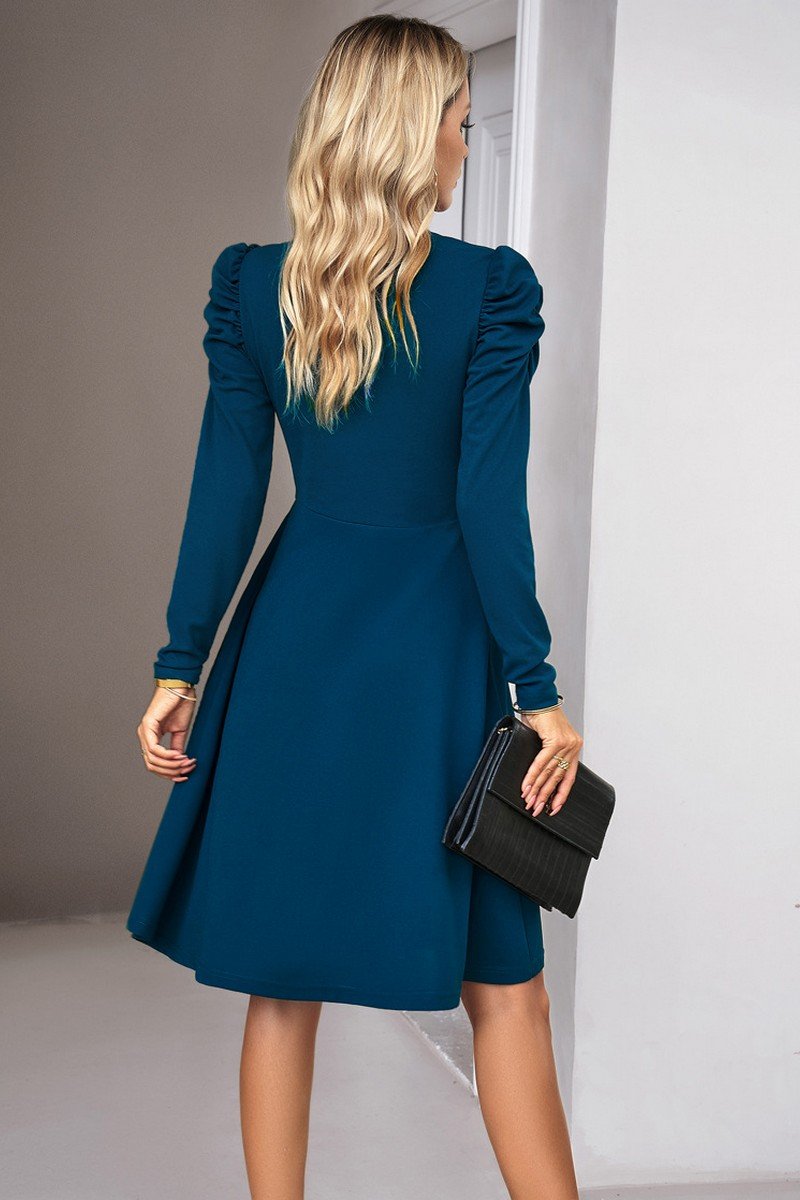 WOMEN PUFF SLEEVE V NECK WARP STYLE SWING DRESS