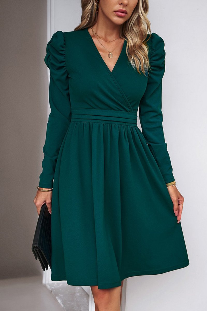 WOMEN PUFF SLEEVE V NECK WARP STYLE SWING DRESS