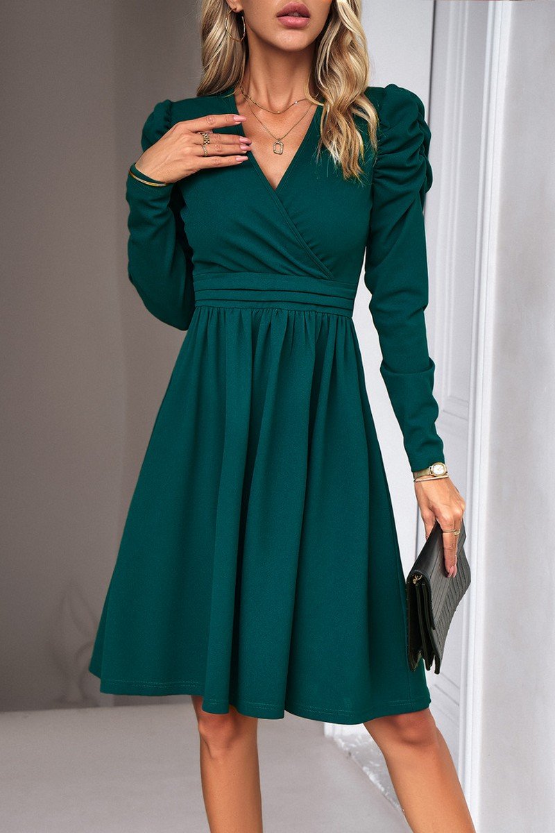 WOMEN PUFF SLEEVE V NECK WARP STYLE SWING DRESS