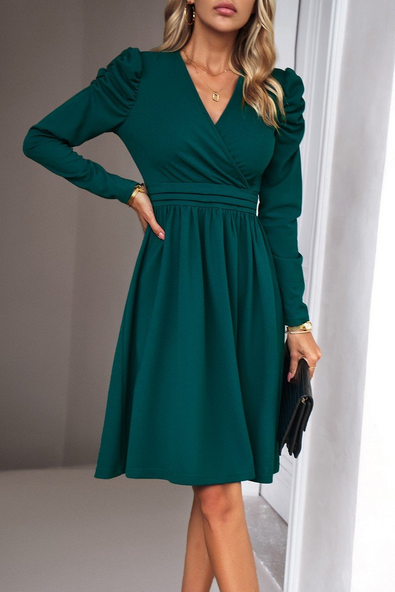 WOMEN PUFF SLEEVE V NECK WARP STYLE SWING DRESS