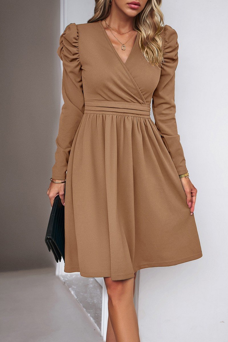 WOMEN PUFF SLEEVE V NECK WARP STYLE SWING DRESS