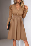 WOMEN PUFF SLEEVE V NECK WARP STYLE SWING DRESS