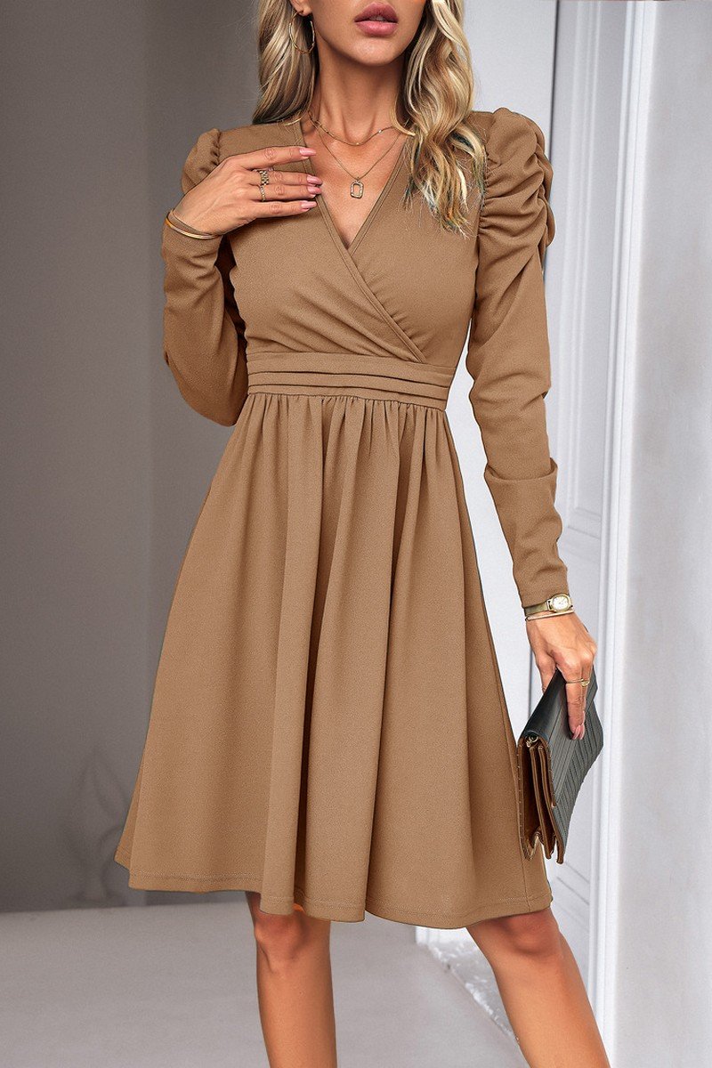 WOMEN PUFF SLEEVE V NECK WARP STYLE SWING DRESS