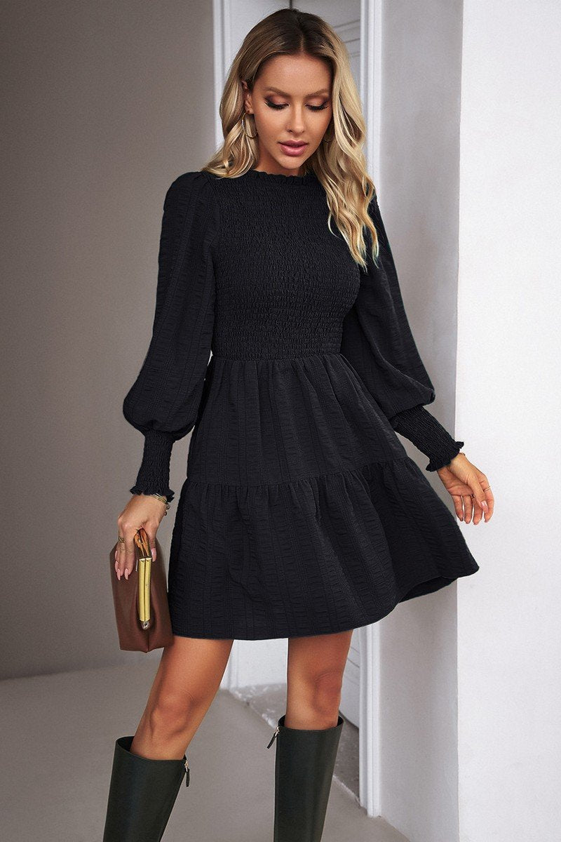 WOMEN SMOCKED CUFF SHORT LENGTH TIERED DRESS