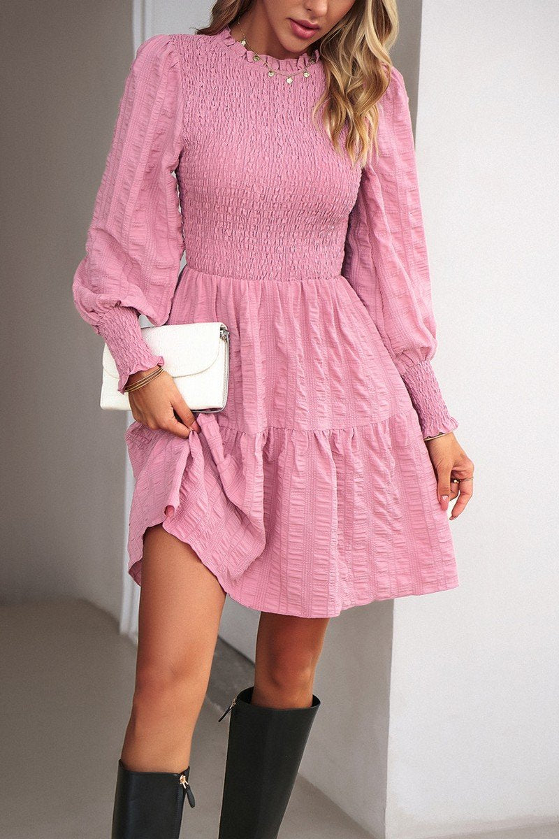 WOMEN SMOCKED CUFF SHORT LENGTH TIERED DRESS