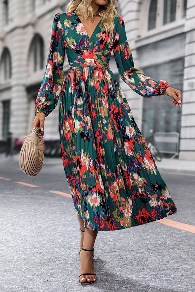 WOMEN DANDY FLORAL PRINTING V NECK LONG DRESS