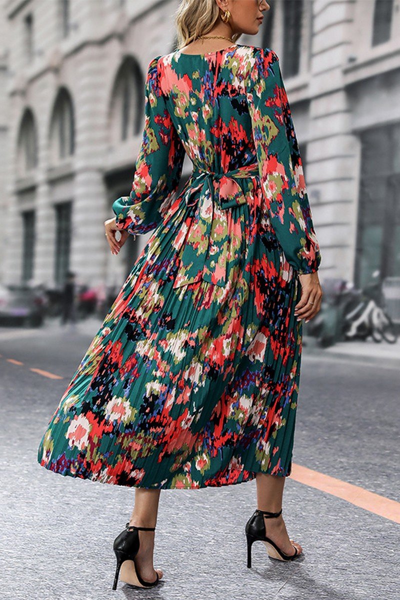 WOMEN DANDY FLORAL PRINTING V NECK LONG DRESS