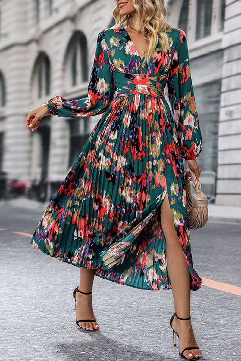 WOMEN DANDY FLORAL PRINTING V NECK LONG DRESS