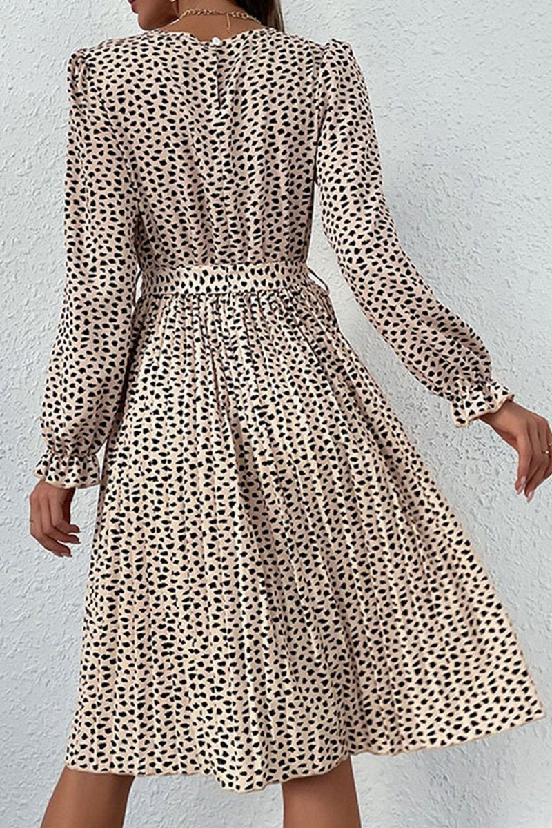 WOMEN LEOPARD ANIMAL PRINTING BELTED SWING DRESS