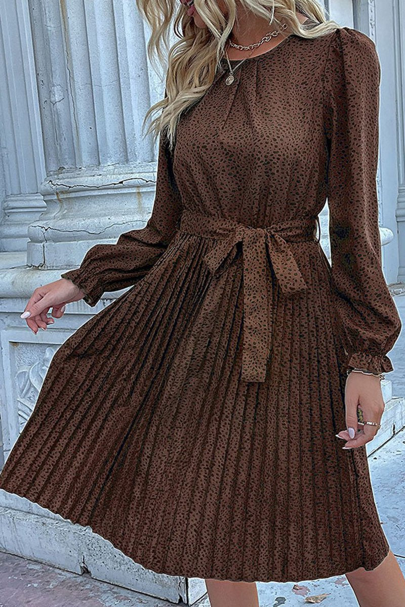 WOMEN LEOPARD ANIMAL PRINTING BELTED SWING DRESS