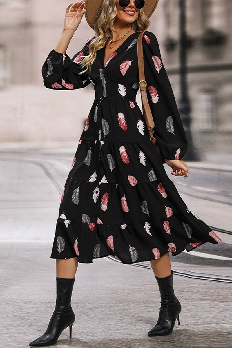 WOMEN FEATHER PRINTING LONG SLEEVE V NECK DRESS