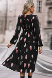 WOMEN FEATHER PRINTING LONG SLEEVE V NECK DRESS