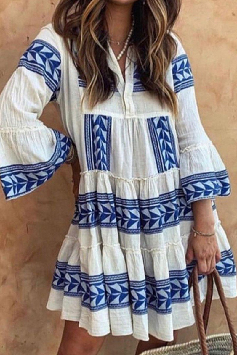 WOMEN BOHEMIAN BOHO RUFFLED MINI CASUAL DRESS