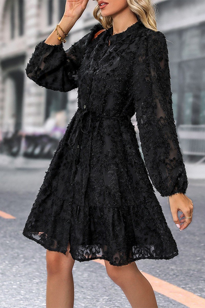 WOMEN ELEGANT LACE TRIM LAYERED BUTTON DOWN DRESS