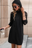 WOMEN LONG LACE SLEEVE DRAWSTRING HOODED DRESS