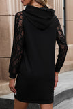 WOMEN LONG LACE SLEEVE DRAWSTRING HOODED DRESS