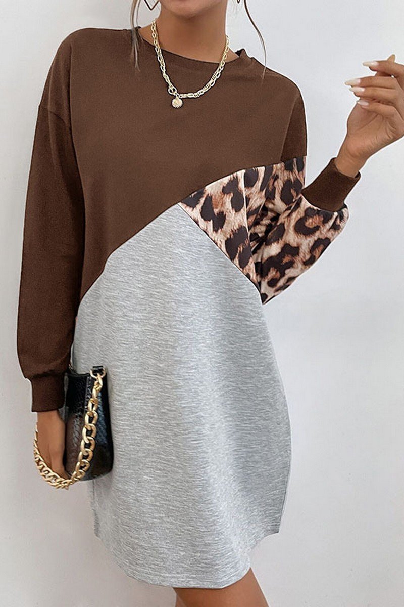 WOMEN LEOPARD COLOR BLOCK LONG SLEEVE COZY DRESS