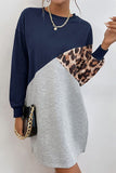 WOMEN LEOPARD COLOR BLOCK LONG SLEEVE COZY DRESS