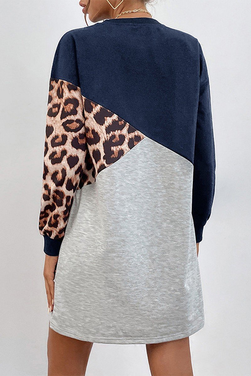 WOMEN LEOPARD COLOR BLOCK LONG SLEEVE COZY DRESS