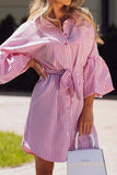 WOMEN PUFF SLEEVE STRIPE PINK SHIRTS DRESS