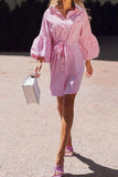 WOMEN PUFF SLEEVE STRIPE PINK SHIRTS DRESS