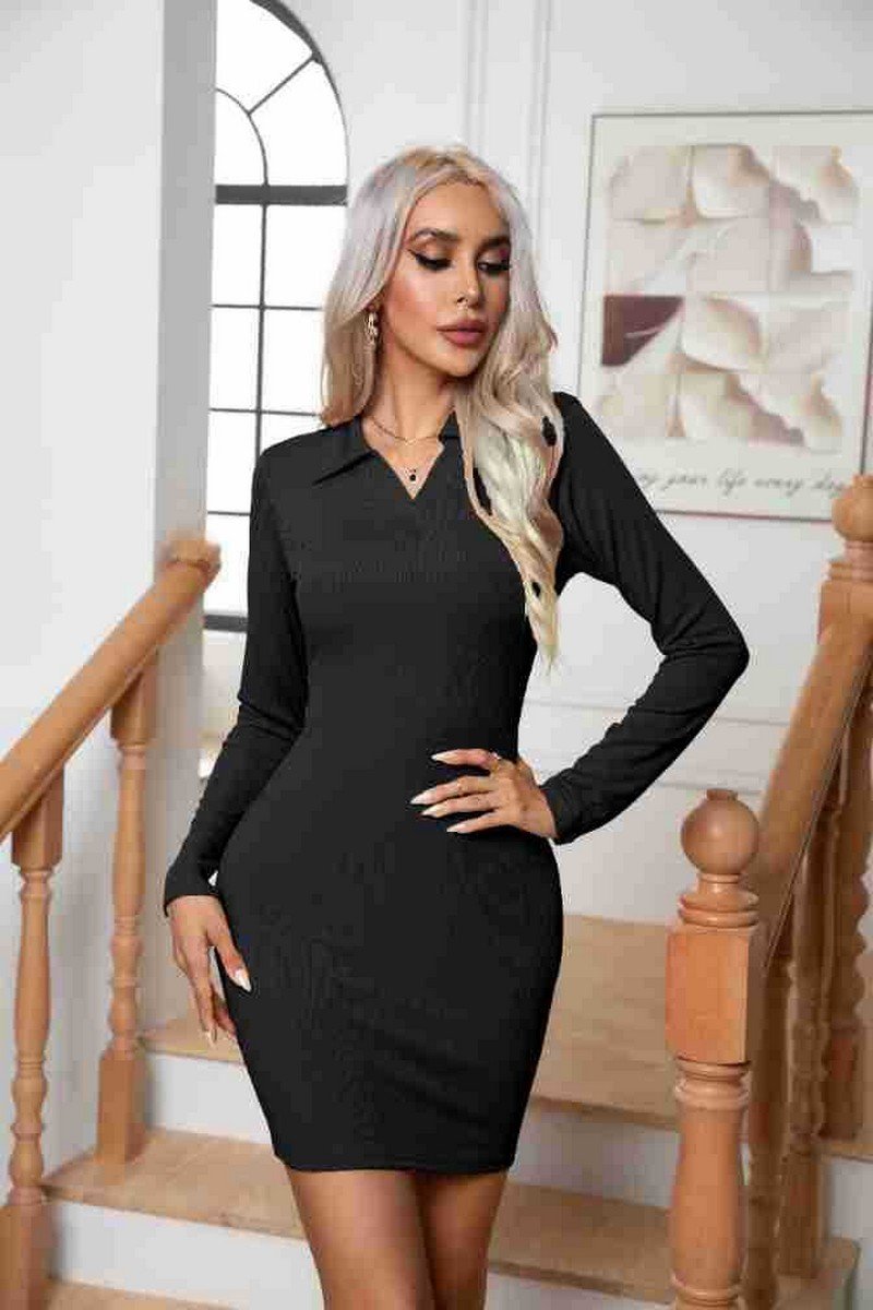 WOMEN COLLARED V NECK LONG SLEEVE SLIM FIT DRESS