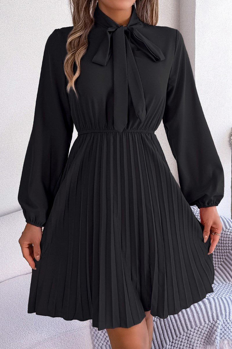 WOMEN TIED HIGH NECK SHIRRED WAIST PLEATED DRESS