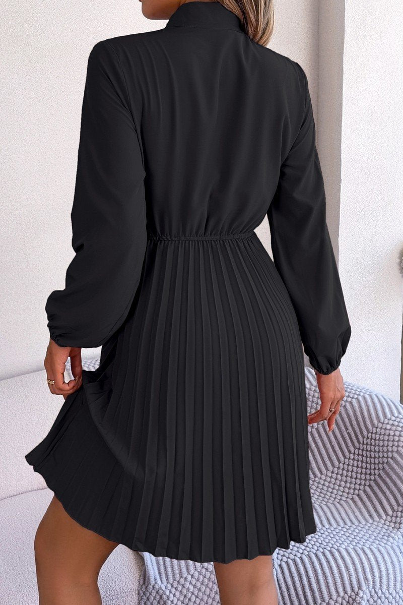 WOMEN TIED HIGH NECK SHIRRED WAIST PLEATED DRESS