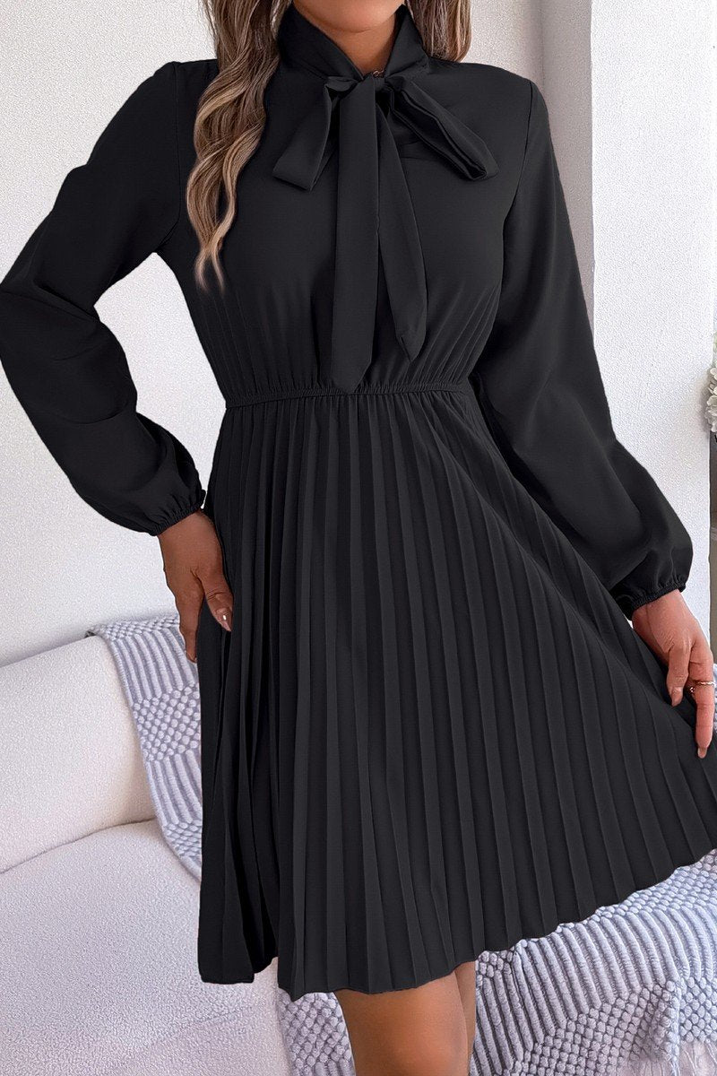 WOMEN TIED HIGH NECK SHIRRED WAIST PLEATED DRESS