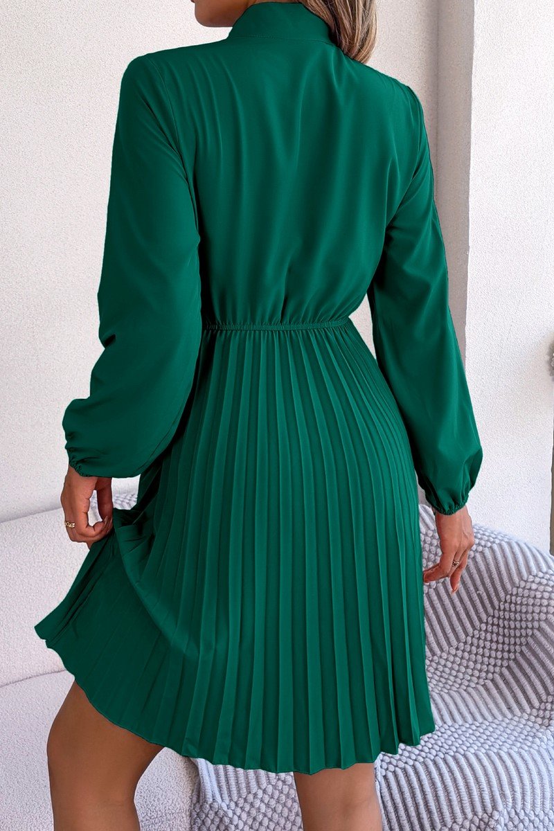 WOMEN TIED HIGH NECK SHIRRED WAIST PLEATED DRESS