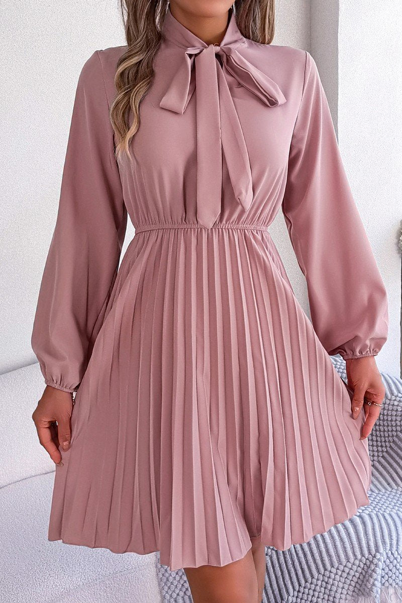 WOMEN TIED HIGH NECK SHIRRED WAIST PLEATED DRESS