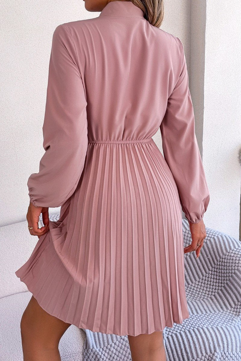 WOMEN TIED HIGH NECK SHIRRED WAIST PLEATED DRESS