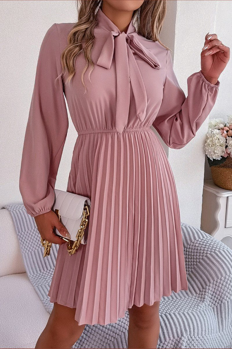 WOMEN TIED HIGH NECK SHIRRED WAIST PLEATED DRESS