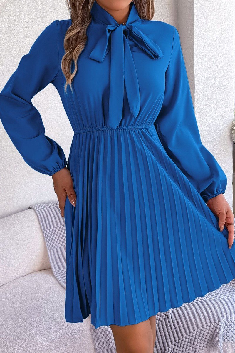 WOMEN TIED HIGH NECK SHIRRED WAIST PLEATED DRESS