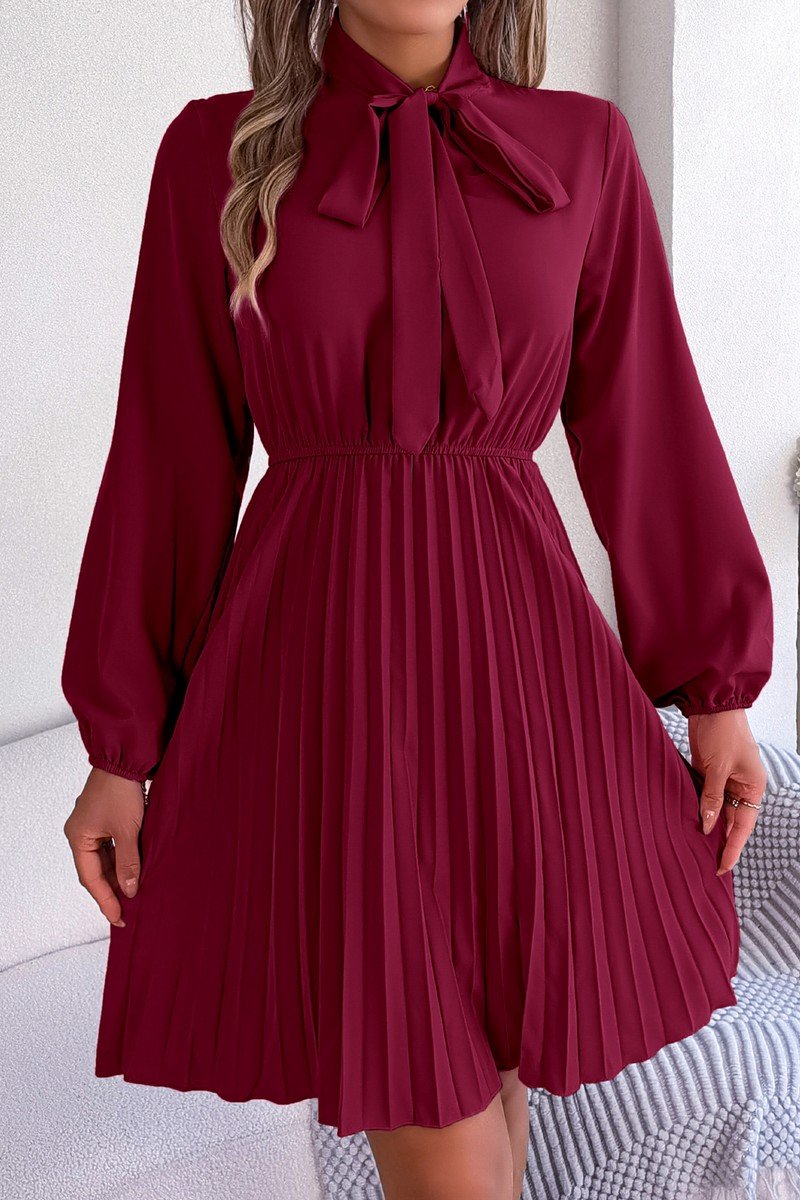 WOMEN TIED HIGH NECK SHIRRED WAIST PLEATED DRESS