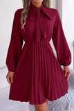 WOMEN TIED HIGH NECK SHIRRED WAIST PLEATED DRESS