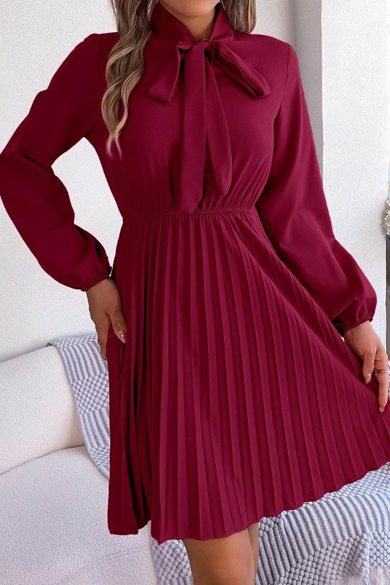 WOMEN TIED HIGH NECK SHIRRED WAIST PLEATED DRESS