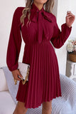 WOMEN TIED HIGH NECK SHIRRED WAIST PLEATED DRESS