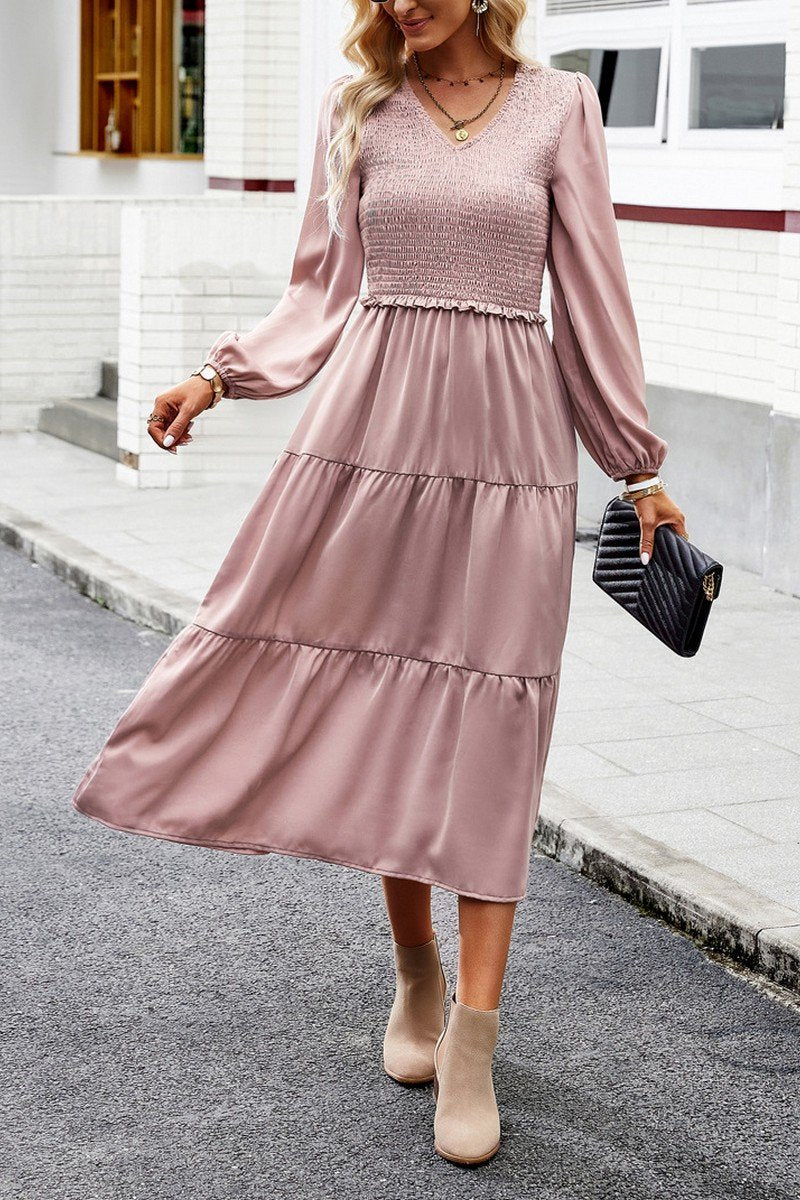 WOMEN SMOCKED LONG SLEEVE TIERED CAKE FLOWY DRESS