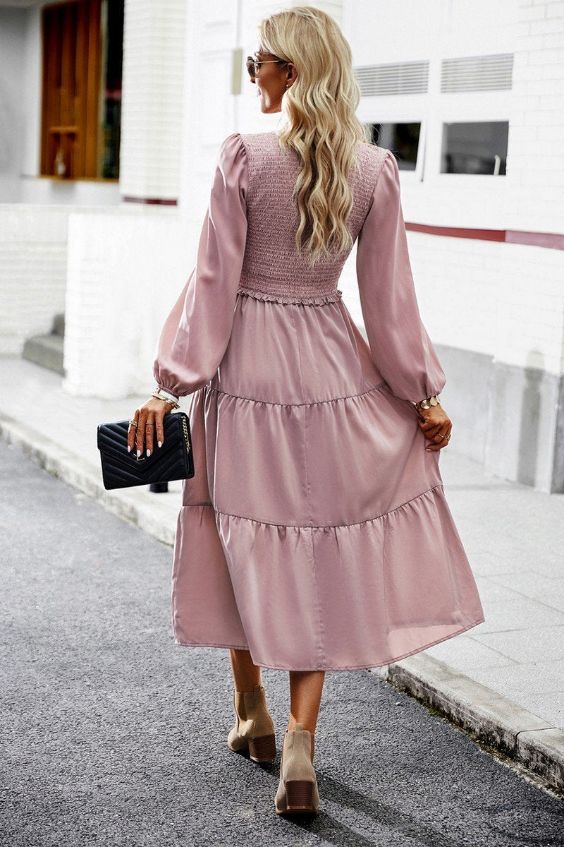 WOMEN SMOCKED LONG SLEEVE TIERED CAKE FLOWY DRESS