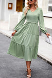 WOMEN SMOCKED LONG SLEEVE TIERED CAKE FLOWY DRESS