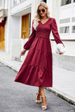 WOMEN SMOCKED LONG SLEEVE TIERED CAKE FLOWY DRESS