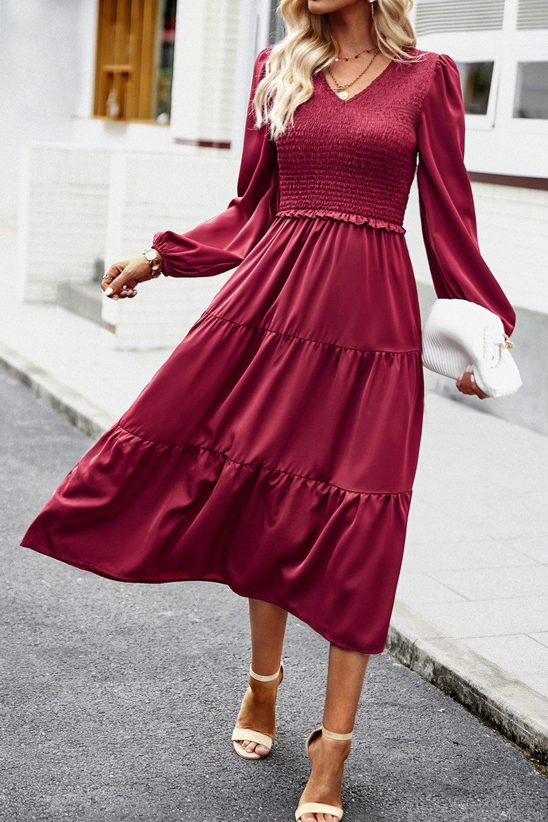 WOMEN SMOCKED LONG SLEEVE TIERED CAKE FLOWY DRESS